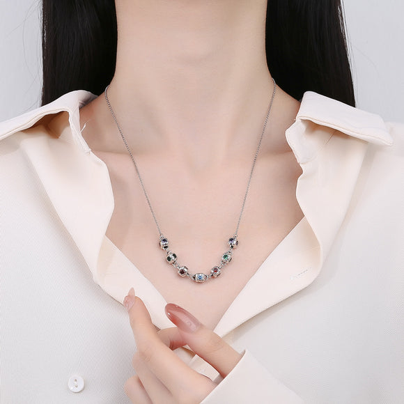 Collar Cadena Pesada Plata 925 con Dados Cuadrados de Zirconia Multicolor Estilo Retro Industrial
