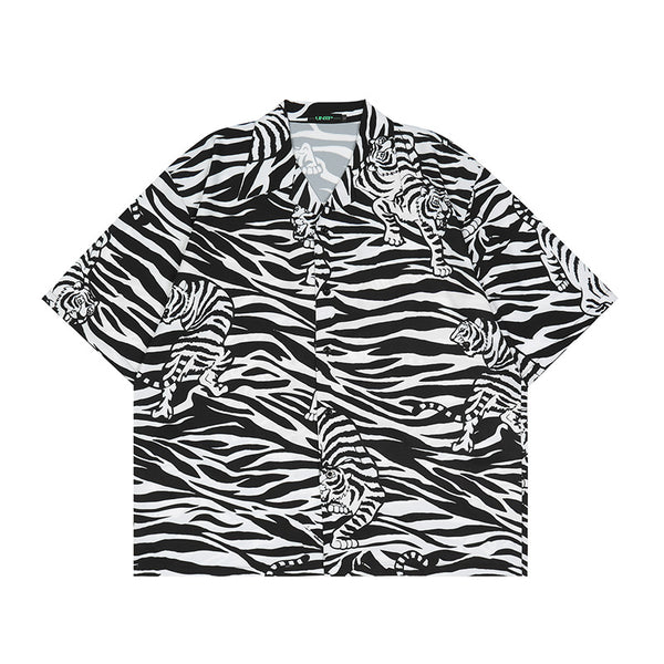 Camisa Hombre Rayas Tigre Manga Corta Suelta