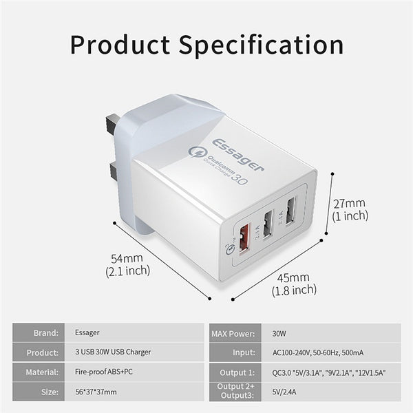 Cargador Rápido USB de 30W con 3 Puertos - Carga Simultánea
