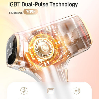 White and gold IPL hair removal device with safety glasses and razor, shown with its "Hair Removal" packaging. - Image 3