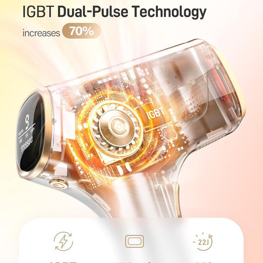 White and gold IPL hair removal device with safety glasses and razor, shown with its "Hair Removal" packaging. - Image 3