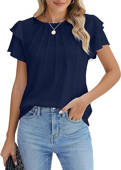 Blusa Ejecutiva Plisada de Manga Corta Cuello Redondo - Image 11