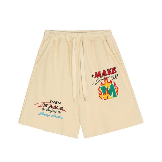 Shorts Casuales con Letras Bordadas en Llamas