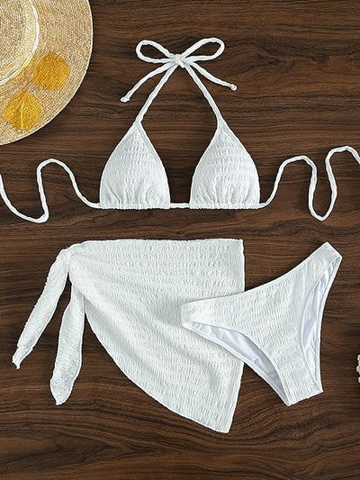White textured lace-up split bikini swimsuit with a triangle halter top, high-cut bottoms, and matching sarong. - Image 6
