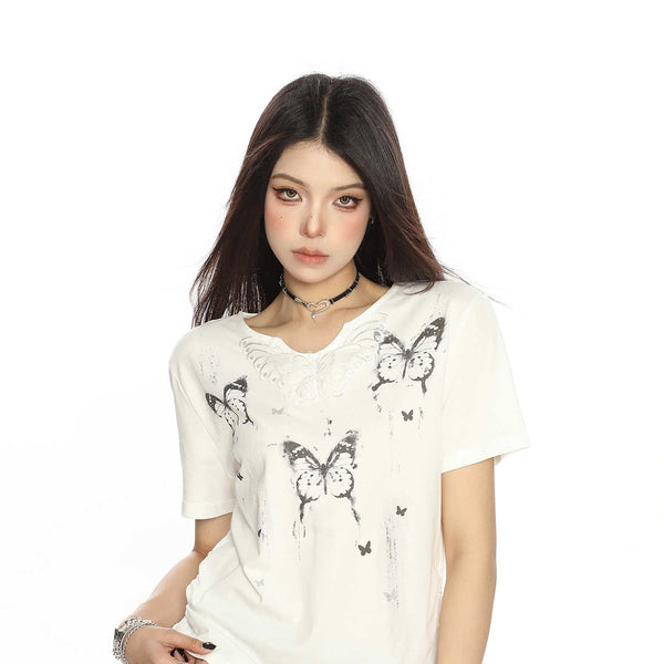 Playera Coreana Estampado Mariposa Tinta en Hombro