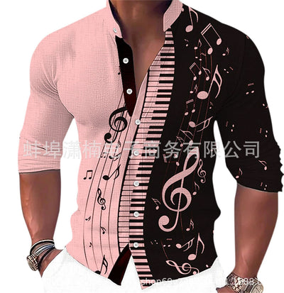 Camisa Casual Estampado Musical con Cuello de Pie Manga Larga para Hombre - Image 3