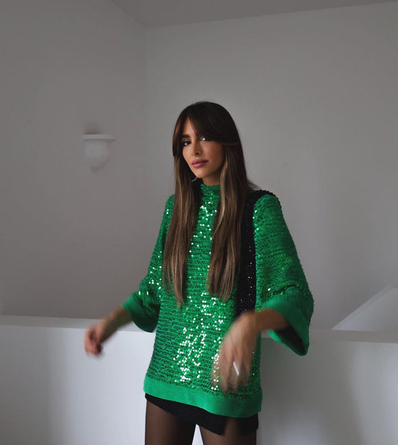 Blusa Suelta de Lentejuelas Manga Larga para Mujer