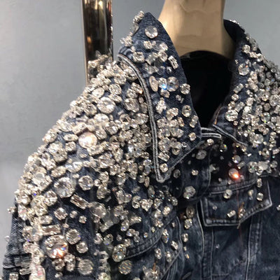 Chaqueta Denim Suelta con Cuentas y Diamantes de Manga Larga - Image 9