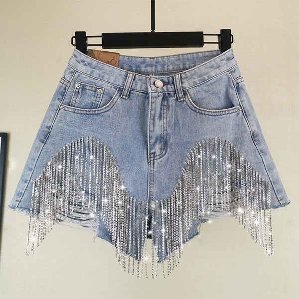 Short Jeans Cintura Alta Slim con Flecos y Abalorios Estilo Europeo