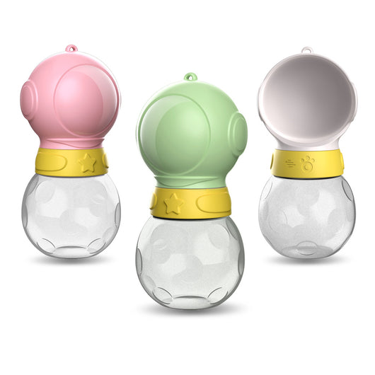 Portable pet water bottle with white drinking bowl, translucent grey reservoir, and yellow paw print band. - Image 6