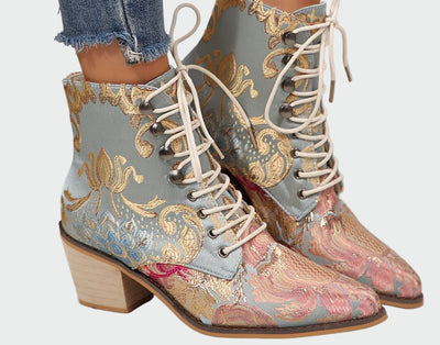 Botas Cortas Étnicas con Tacón Grueso y Bordado de Encaje para Mujer - Image 7