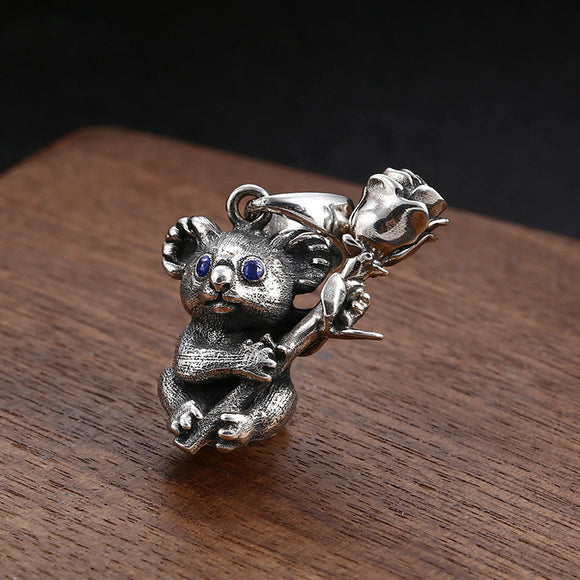 Collar de Plata Esterlina con Diseño de Koala y Flor de Rosa para Hombre y Mujer