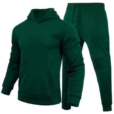 Men's navy blue slim-fit solid color hoodie and matching sweatpants set with drawstring hood and ribbed cuffs. - Image 13