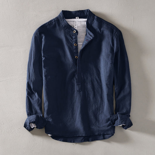 Camisa de Lino Casual con Cuello Mao para Hombre - Image 3
