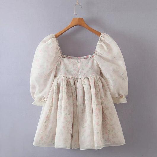 Vestido Estampado con Cuello Cuadrado y Mangas Abullonadas - Image 9