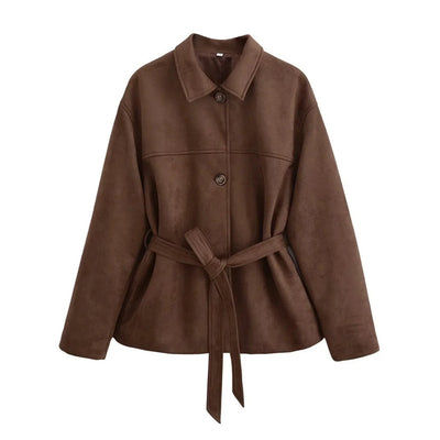 Chaqueta Camisa Polo Suede con Cinturón - Manga Larga Oversize - Image 5