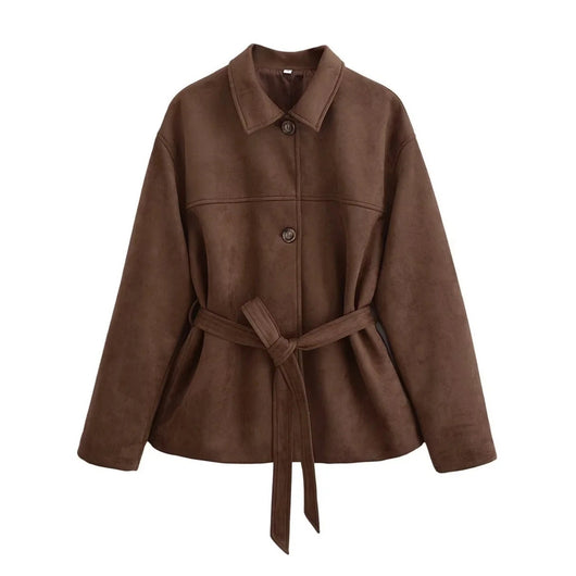 Chaqueta Camisa Polo Suede con Cinturón - Manga Larga Oversize - Image 5