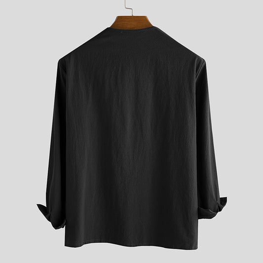 Camisa Holgada con Cordones y Estampado de Cuello V Manga Larga para Hombre - Image 2