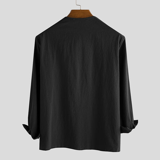Camisa Holgada con Cordones y Estampado de Cuello V Manga Larga para Hombre - Image 2