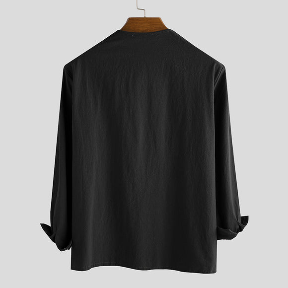 Camisa Holgada con Cordones y Estampado de Cuello V Manga Larga para Hombre