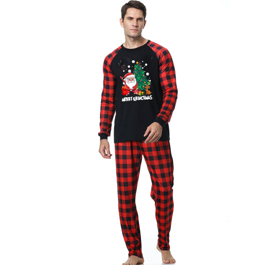 Men's Christmas pajama set with a black long-sleeve top featuring Santa, a Christmas tree, and Max, the Grinch's dog, with "Merry Grinchmas" text, paired with r - Image 3