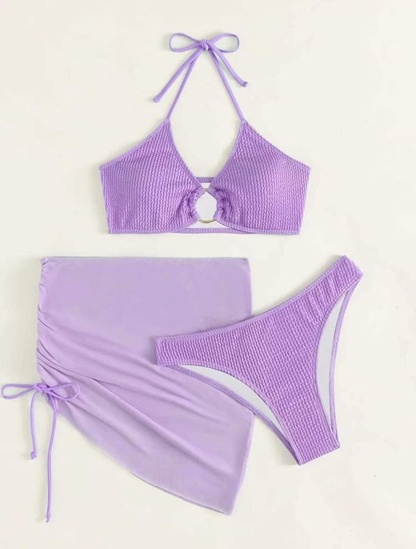 Traje de Baño Mujer Tres Piezas Color Sólido Cuello Halter