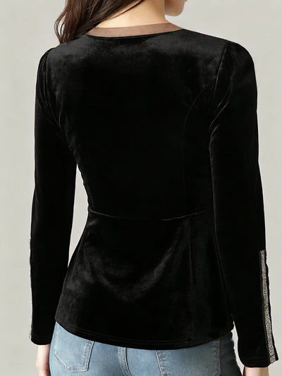 Blusa de Terciopelo Negra Ajustada al Cuerpo con Cintura Fruncida y Mangas Largas - Image 7
