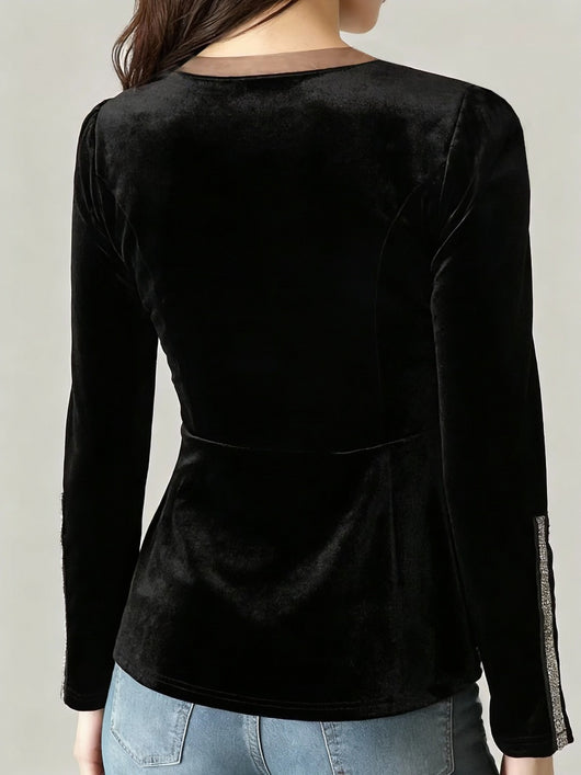 Blusa de Terciopelo Negra Ajustada al Cuerpo con Cintura Fruncida y Mangas Largas - Image 7