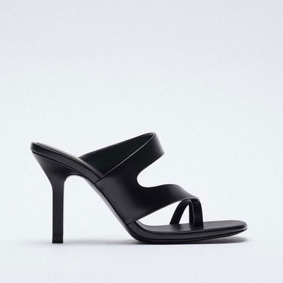 Sandalias Tacón Alto Mujer Cuero Oveja Negro Diseño Asimétrico con Cinturón - Image 3