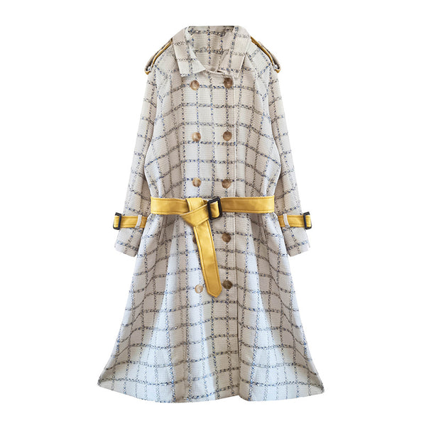 Abrigo de Cuadros Coreano Largo en Lana Beige - Image 3