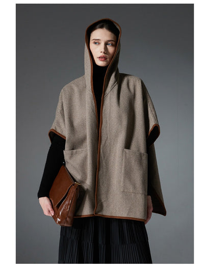 Poncho Capa de Lana Reversible con Patrón Espiga y Capucha - Image 8