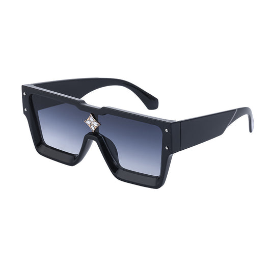 Black large frame square sunglasses with dark lenses and a gold star-shaped embellishment on the bridge. - Image 29