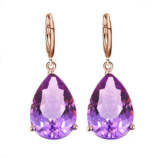 Rose gold necklace with a teardrop purple gemstone pendant and matching dangle earrings. - Image 5