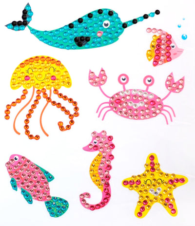 Cartoon diamond painting stickers featuring a narwhal, jellyfish, crab, fish, seahorse, and starfish with colorful resin gems. - Image 12