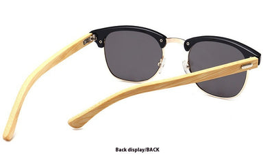 Clubmaster sunglasses with black upper frames, gold-tone metal lower rims, blue mirrored lenses, and light wood-look temples. - Image 17