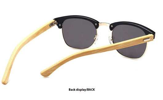 Clubmaster sunglasses with black upper frames, gold-tone metal lower rims, blue mirrored lenses, and light wood-look temples. - Image 17