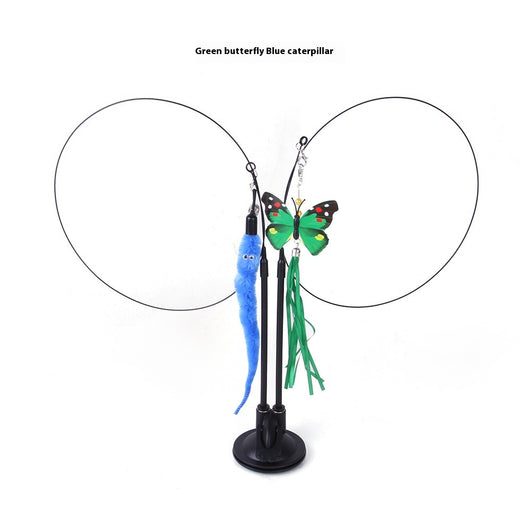 Cat sucker teaser toy with a blue butterfly, gray mouse, and light blue feathers on a black suction cup base. - Image 9