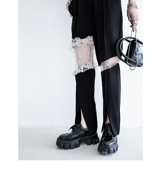Pantalón Ancho Cintura Alta con Abertura Lateral y Encaje para Mujer - Image 18