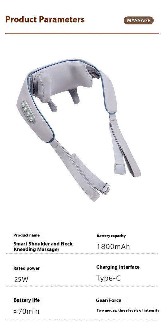 Light gray shoulder and neck massager with blue trim, control buttons, and hanging straps on a white background. - Image 13