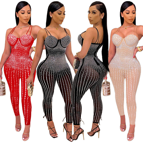 Jumpsuit Elegante de Malla Transparente con Strass y Tirantes