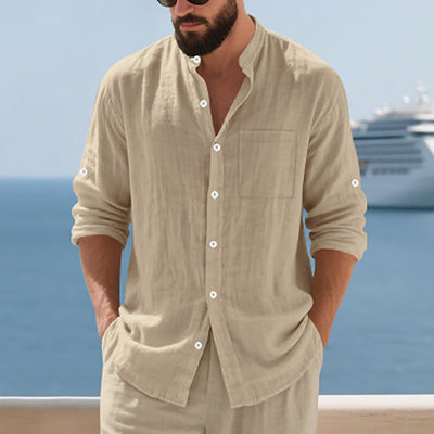 Camisa de Lino Transpirable para Hombre con Cuello Mao y Manga Larga - Image 3