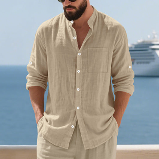 Camisa de Lino Transpirable para Hombre con Cuello Mao y Manga Larga - Image 3