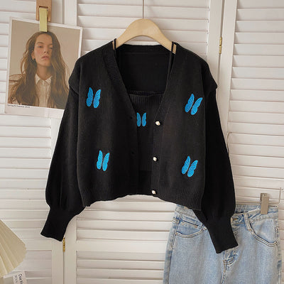 Chaleco de Punto con Bordado de Mariposa y Cardigan Manga Larga - Conjunto de Dos Piezas - Image 4