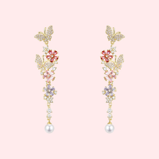 Aretes Mariposa Floral Desmontables con Circonitas Multicolor y Perla - Image 2