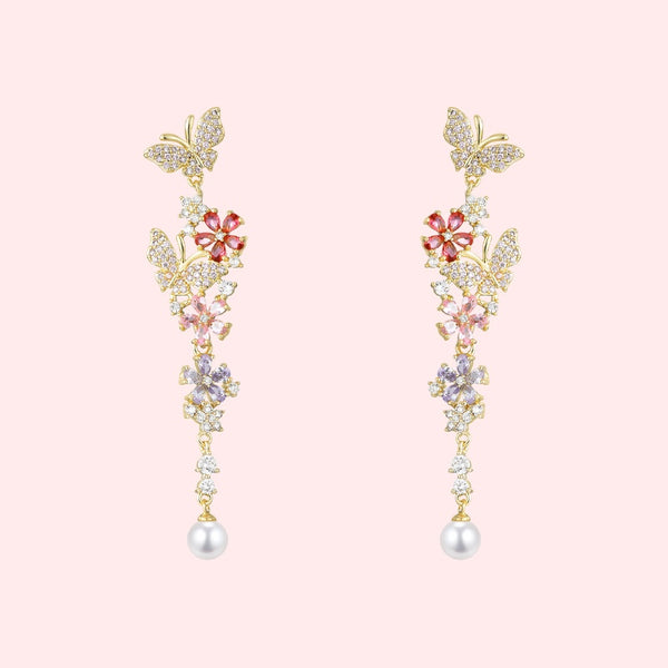 Aretes Mariposa Floral Desmontables con Circonitas Multicolor y Perla