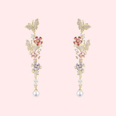 Aretes Mariposa Floral Desmontables con Circonitas Multicolor y Perla - Image 2