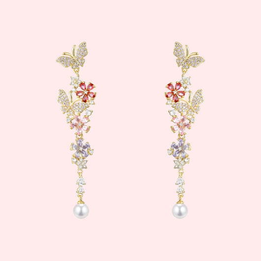 Aretes Mariposa Floral Desmontables con Circonitas Multicolor y Perla - Image 2