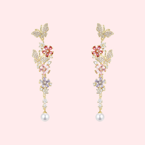 Aretes Mariposa Floral Desmontables con Circonitas Multicolor y Perla