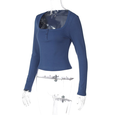 Camiseta Ajustada de Cuello Cuadrado en Color Liso con Elastano - Image 17