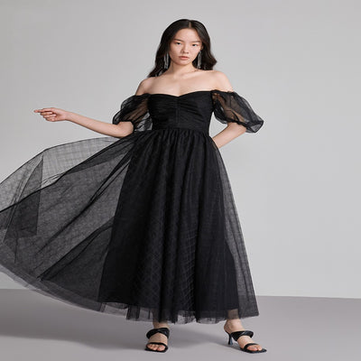 Vestido Cuadros con Mangas Voluminosas y Cuello Clásico